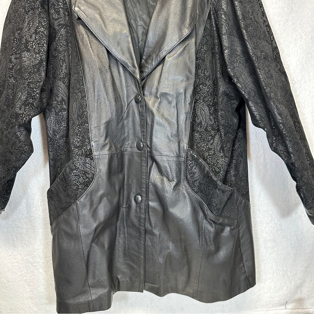 Vintage 80s Wilsons Black Leather Paisley Print Long Sleeve Coat Size M - Picture 3 of 13